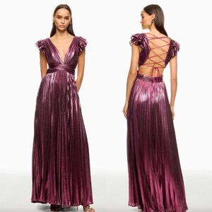 Ieena for Mac Duggal Ruffle Sleeve Metallic Gown Purple Pink Dark Maxi Dress 8